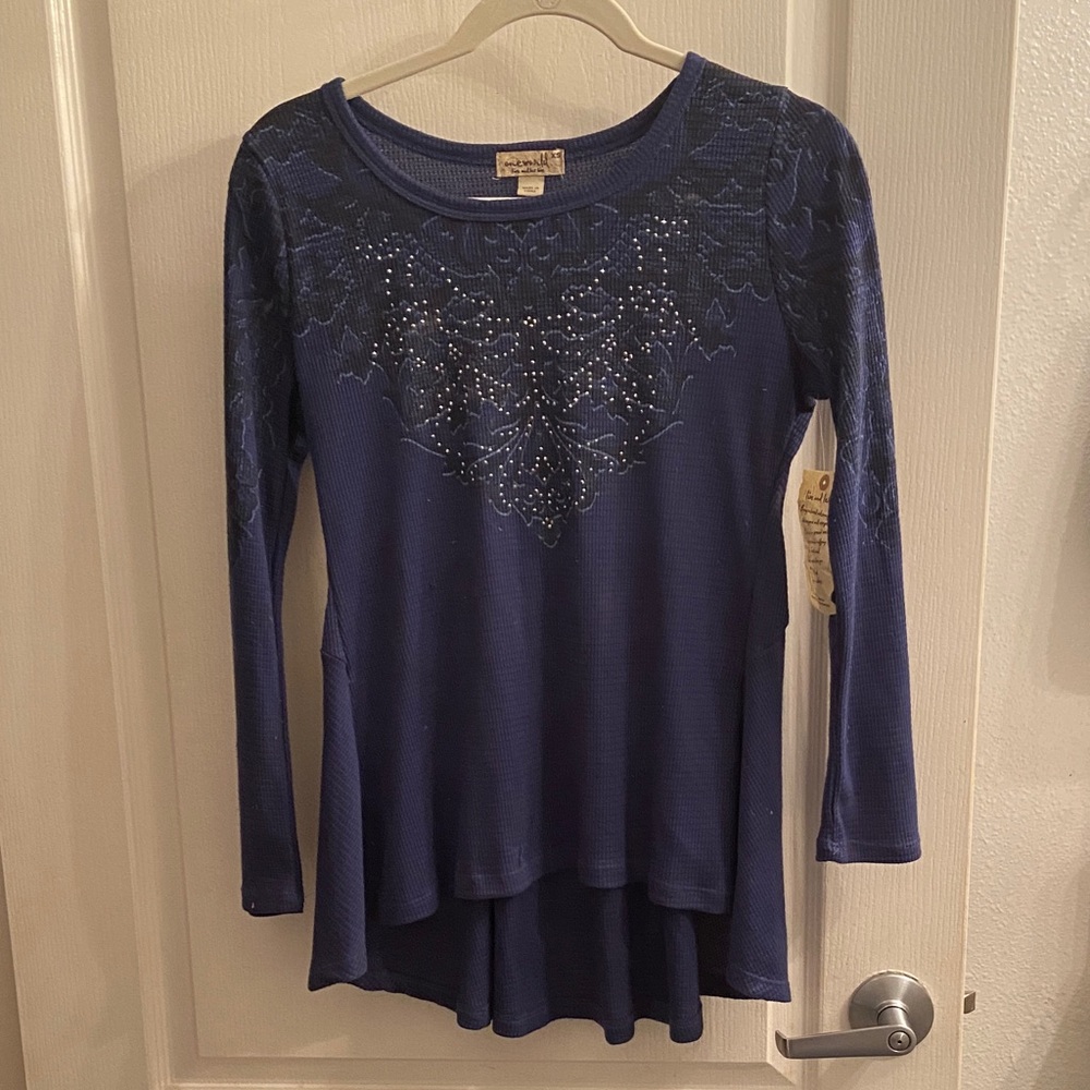 ONE WORLD Navy Rhinestones Embellished Long Sleeve Tee